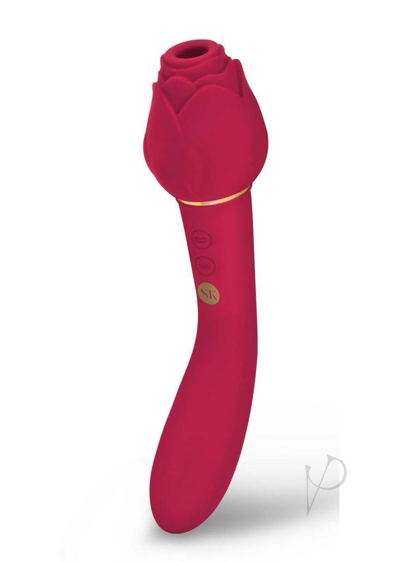 Secret Kisses Rosegasm Twosome Rechargeable Silicone Dual End Vibrator with Clitoral Stimulator - Red