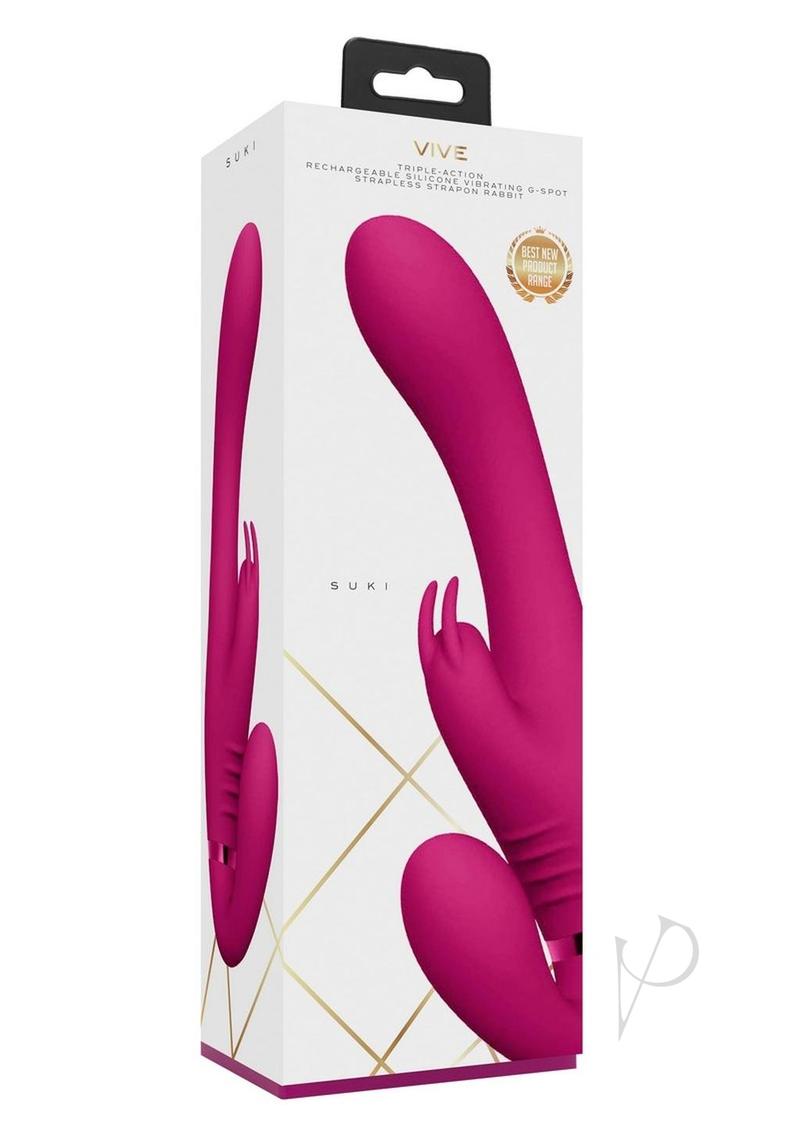 Vive Suki Rechargeable Silicone Vibrating Strapless Strap-On Rabbit - Pink