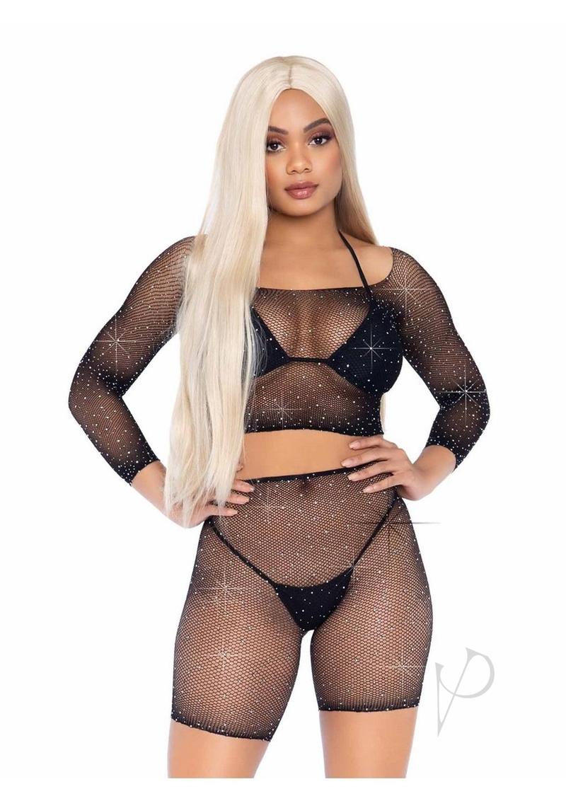 Leg Avenue Rhinestone fishnet long sleeve crop top and biker shorts (2 Piece) - O/S - Black