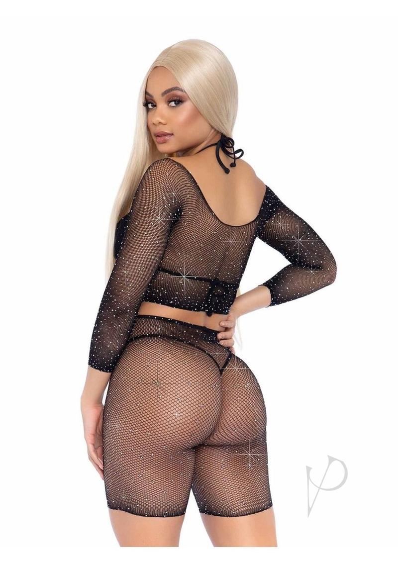 Leg Avenue Rhinestone fishnet long sleeve crop top and biker shorts (2 Piece) - OS - Black