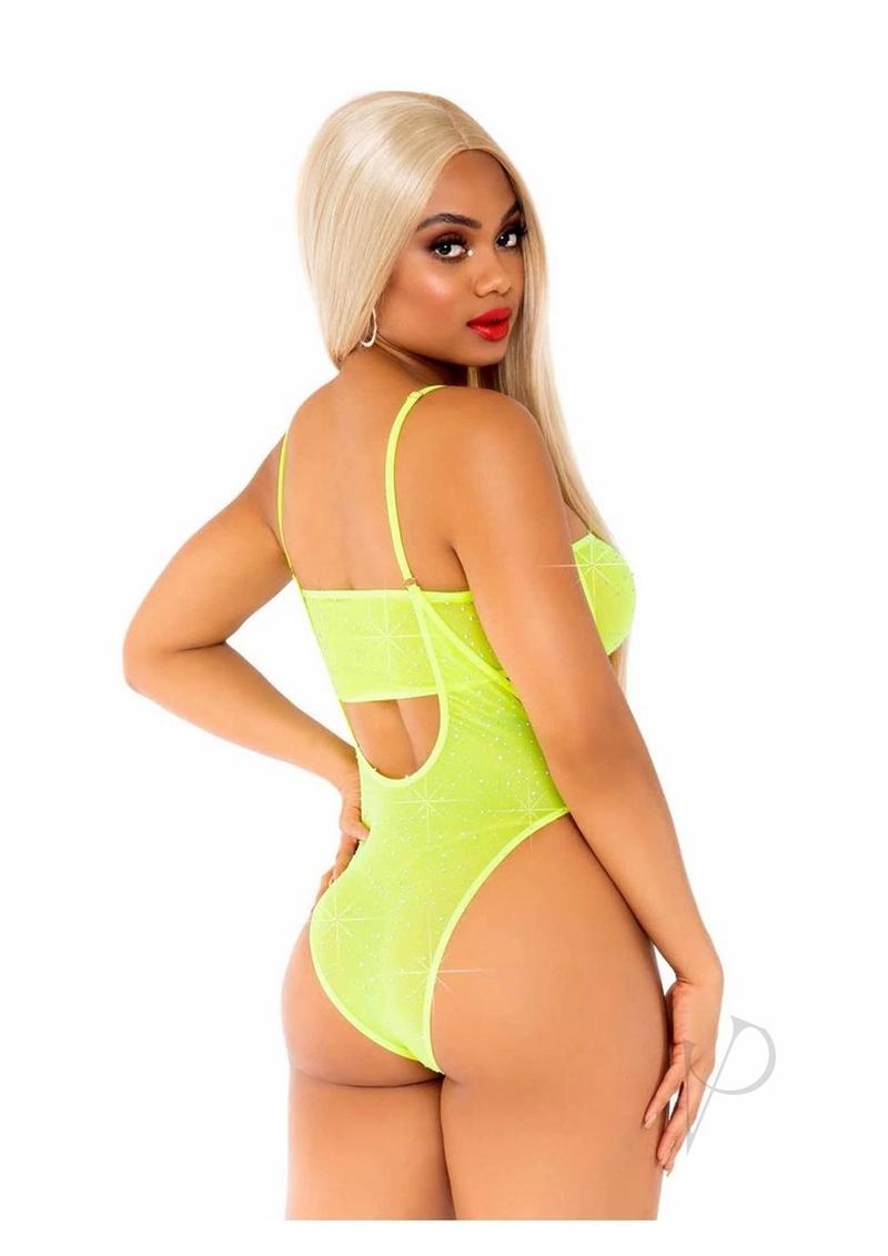 Leg Avenue Rhinestone Mesh Bandeau and Suspender Bodysuit (2 Piece) - OS - Neon Yellow