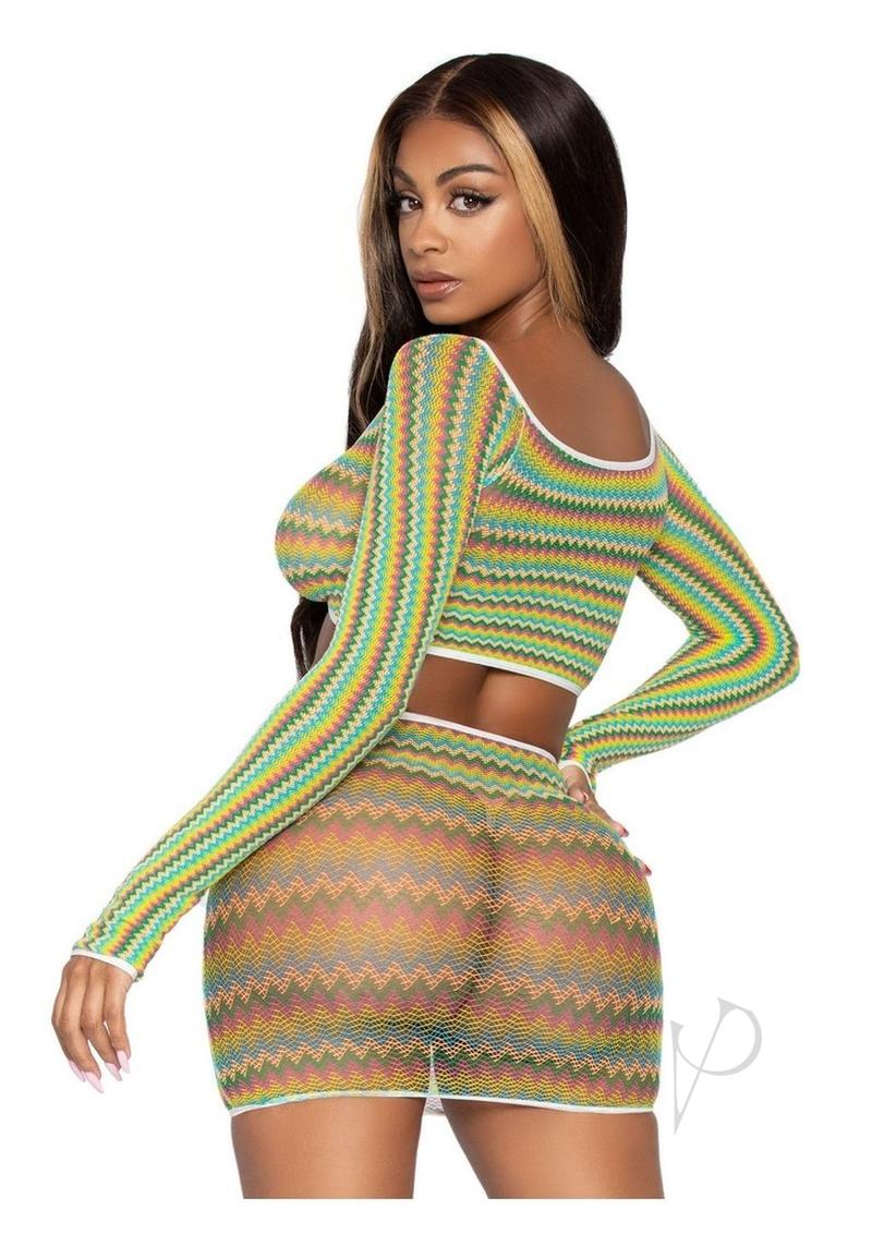 Leg Avenue Zig Zag Net Gauntlet Sleeve Crop Top and Mini Skirt (2 Piece) - OS - Green