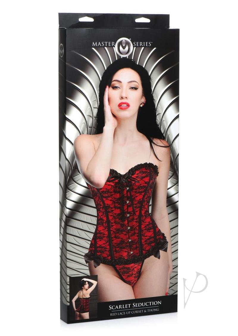 Master Series Scarlet Seduction Lace-up Corset and Thong - Medium - Red/Black