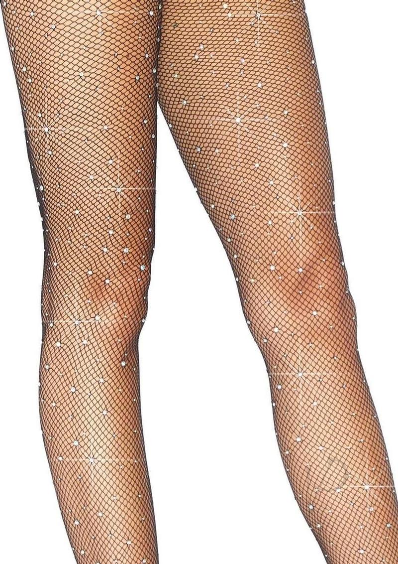 Leg Avenue Fishnet Crystalized Tights with Multi-Sized Iridescent Rhinestones - OS - Black