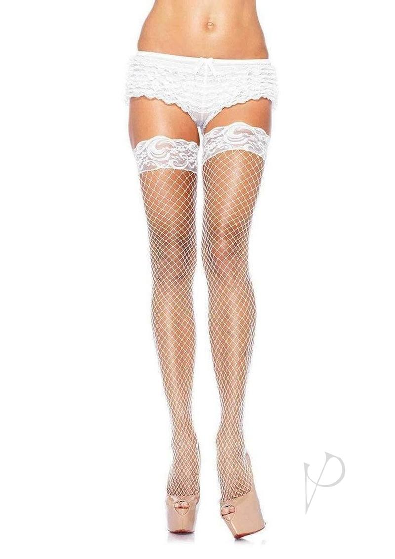 Leg Avenue Spandex Industrial Net Thigh Highs with Stay Up Silicone Lace Top - O/S - White