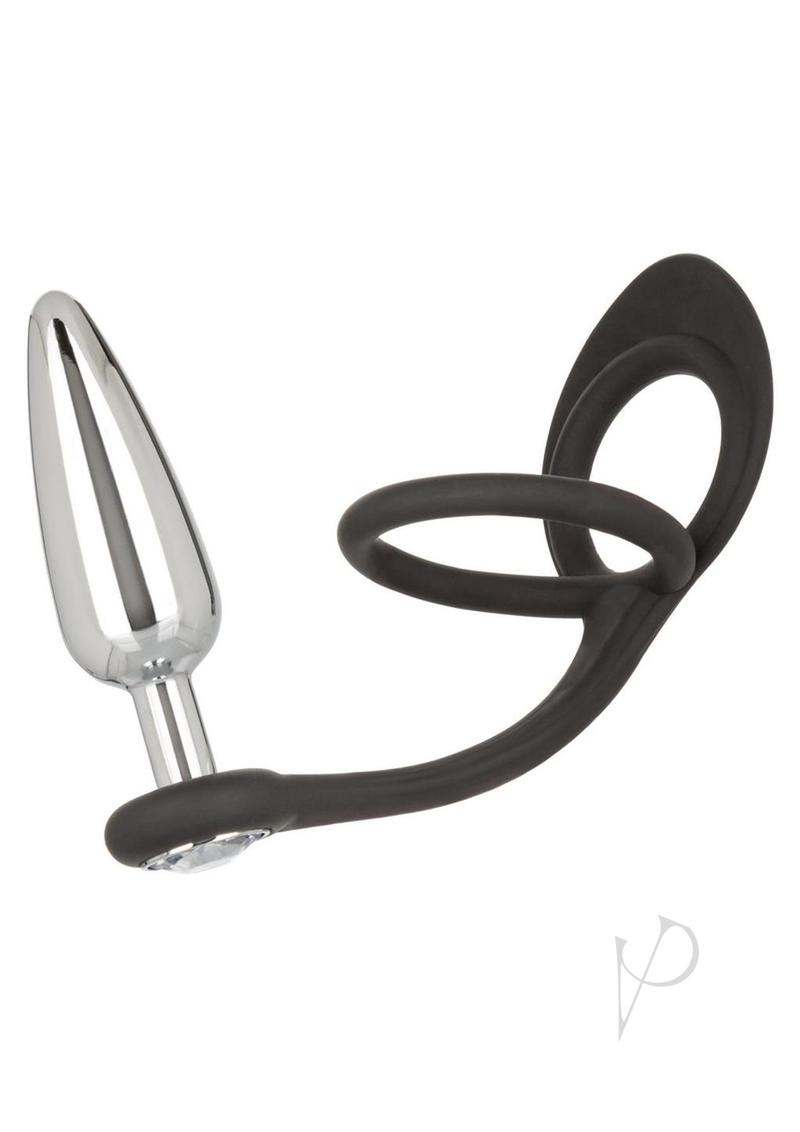 Star Fucker Slim Plug Silicone Cock Ring with Butt Plug - Black
