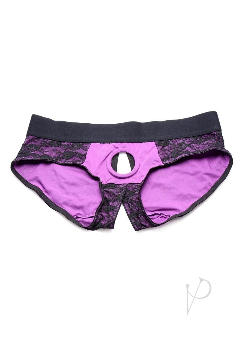 Strap U Lace Envy Lace Crotchless Panty Harness - XXXLarge - Purple/Black