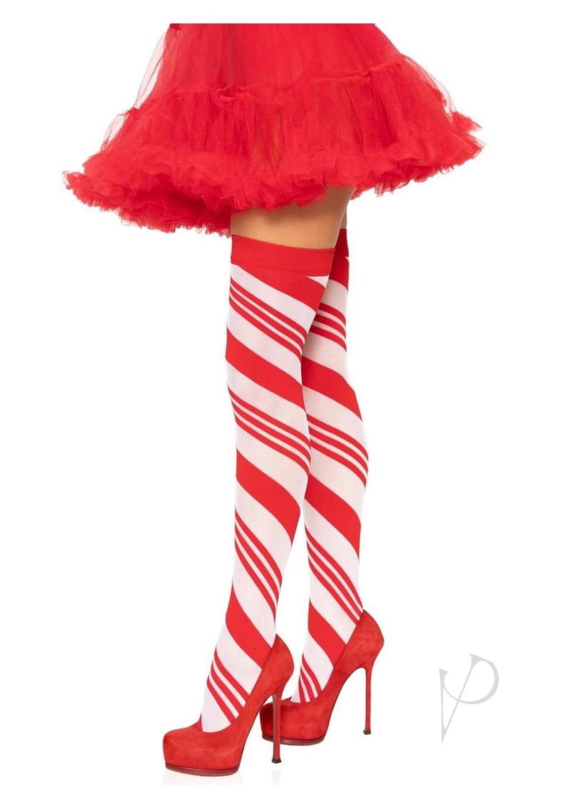 Spandex Sheer Candy Cane Striped Thigh Highs - OS - Red/White
