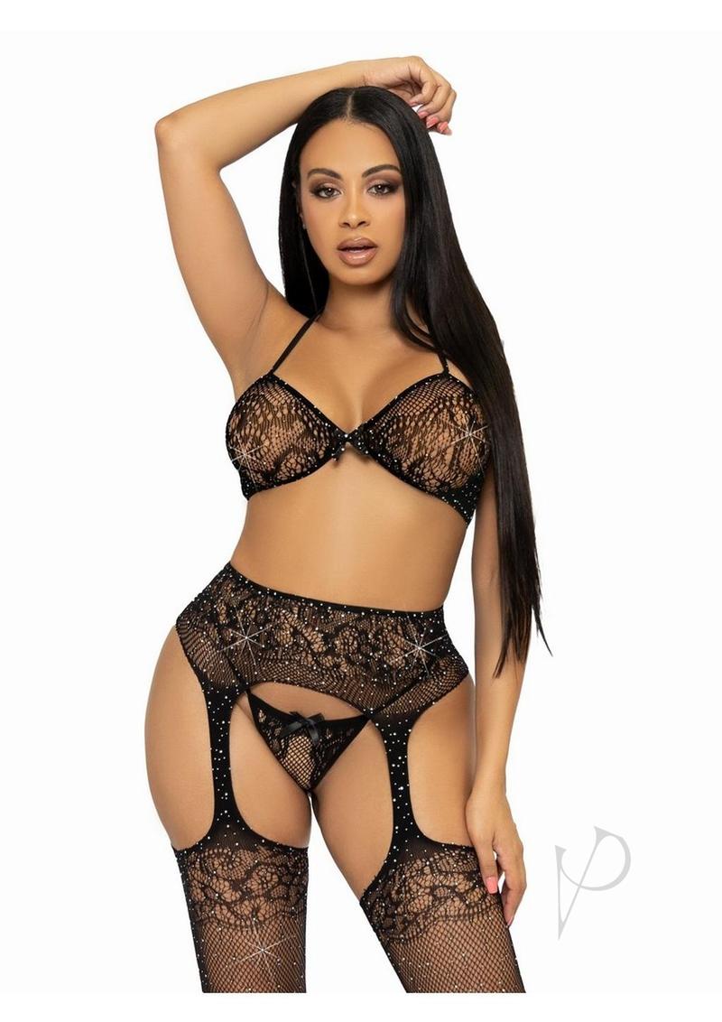 Leg Avenue Rhinestone Lace Bra Top, G-String, and Fishnet Garter Belt Stocking (3 Piece) - O/S - Black