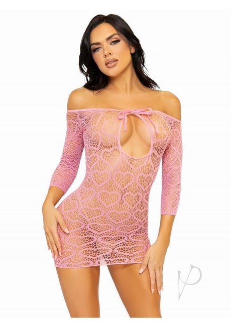 Leg Avenue Seamless Heart Net Mini Dress with Keyhole Tie Front - O/S - Pink