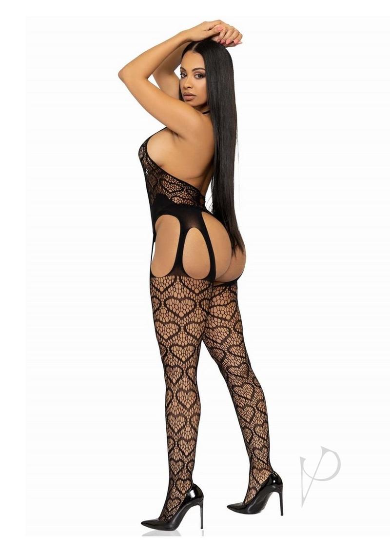 Leg Avenue Seamless Heart Net Suspender Bodystocking - OS - Black