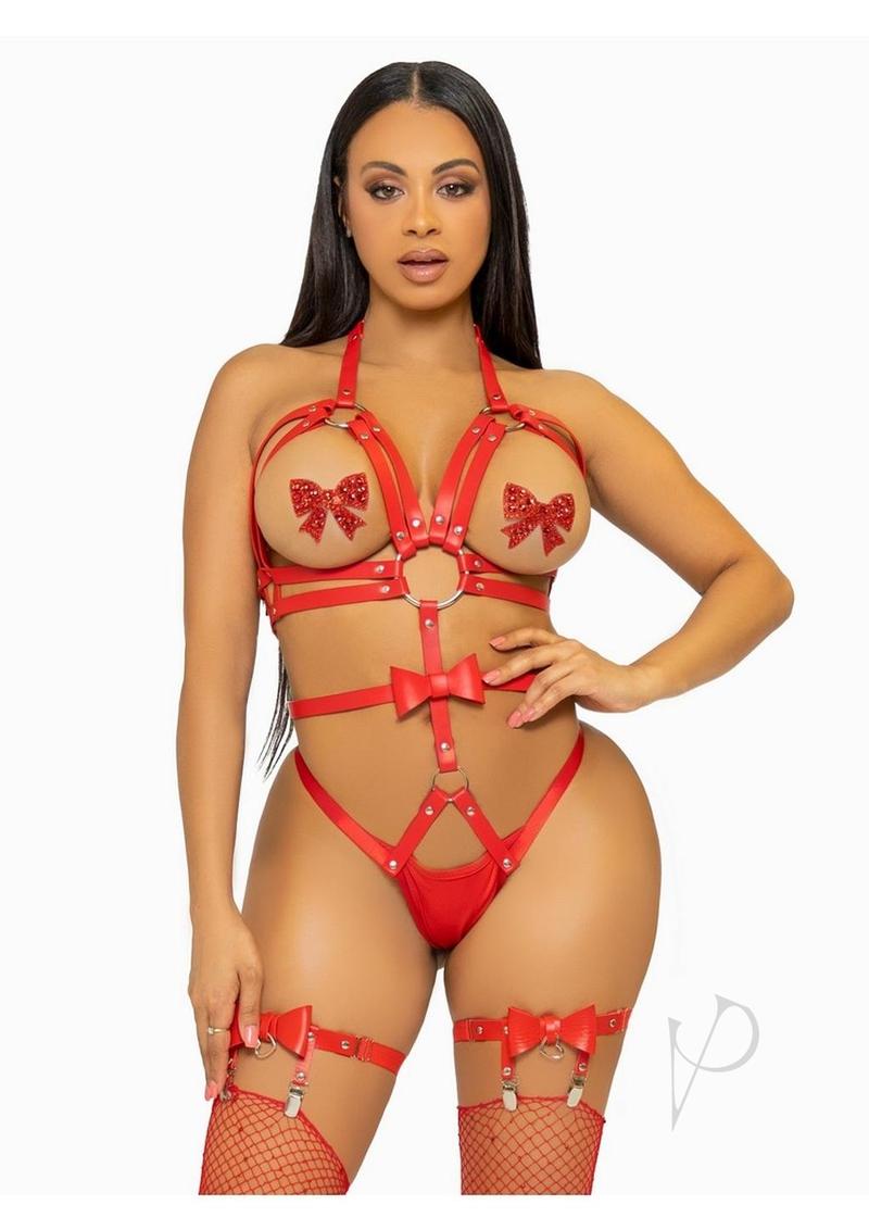 Leg Avenue Convertible Vegan Leather O-Ring Studded Harness Teddy with Panty-Straps, and Bow - Large - Red