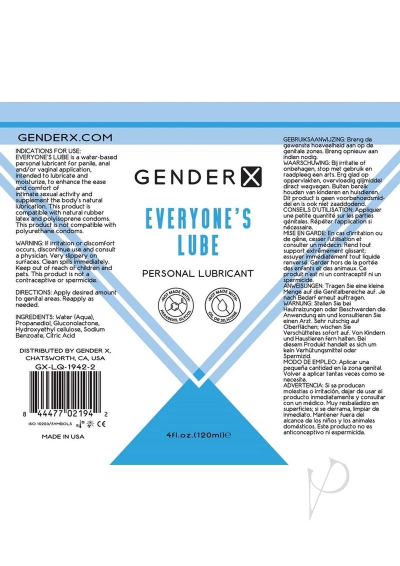 Gender X Everyone`s Lube Water Based Lubricant 4oz