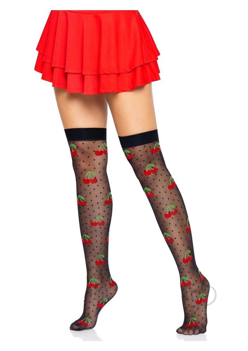 Leg Avenue Spandex Sheer Polka Dot Cherry Thigh Highs - OS - Black/Red