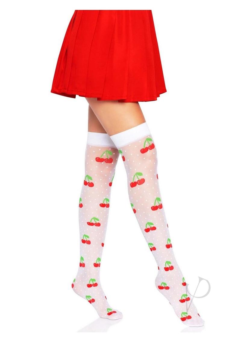 Leg Avenue Spandex Sheer Polka Dot Cherry Thigh Highs - OS - White/Red