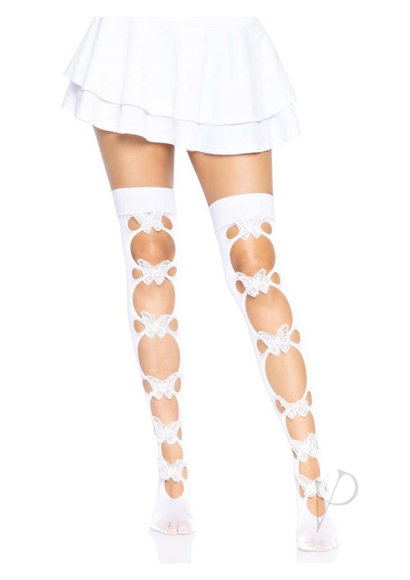 Leg Avenue Opaque Net Cut-Out Butterfly Applique Thigh Highs - OS - White