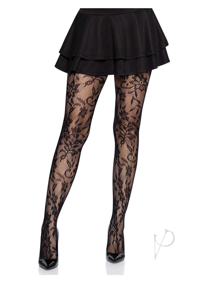 Leg Avenue Seamless Chantilly Floral Lace Tights - OS - Black