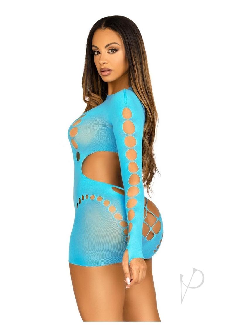 Leg Avenue Seamless Cut Long Sleeve Mini Dress with Faux Lace-Up Detail - OS - Turquoise
