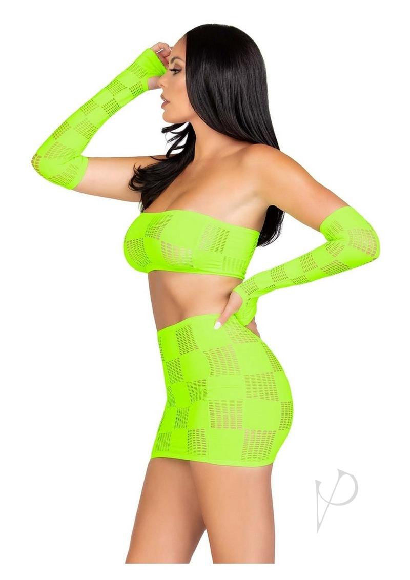 Leg Avenue Checkerboard Net and Opaque Bandeau Mini Skirt and Arm Warmers - OS - Neon Green