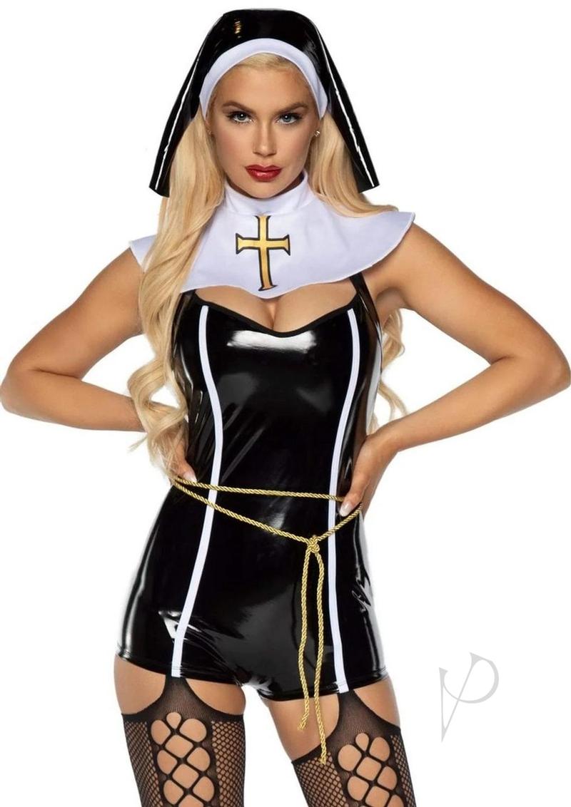 Leg Avenue Sinful Sister Vinyl Romper, Rope Belt, Collar, and Nun Habit (4 Piece) - Small - Black