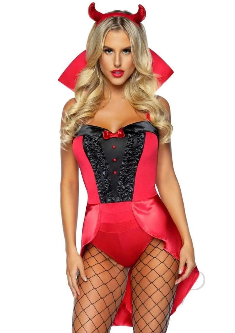 Leg Avenue Devilish Darling Tux and Tails Bodysuit with Stay Up Collar, Pin-On Devil Tail, and Sequin Devil Horn Headband (3 Piece) - Large - Red
