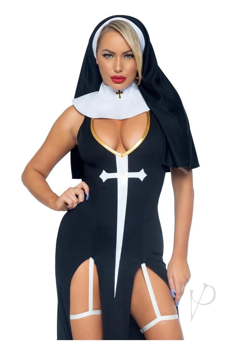 Leg Avenue Sultry Sinner Dual Slit Garter Dress With Vinyl Cross Detail, Vinyl Collar, and Nun Habit (3 Piece) - Small - Black/White