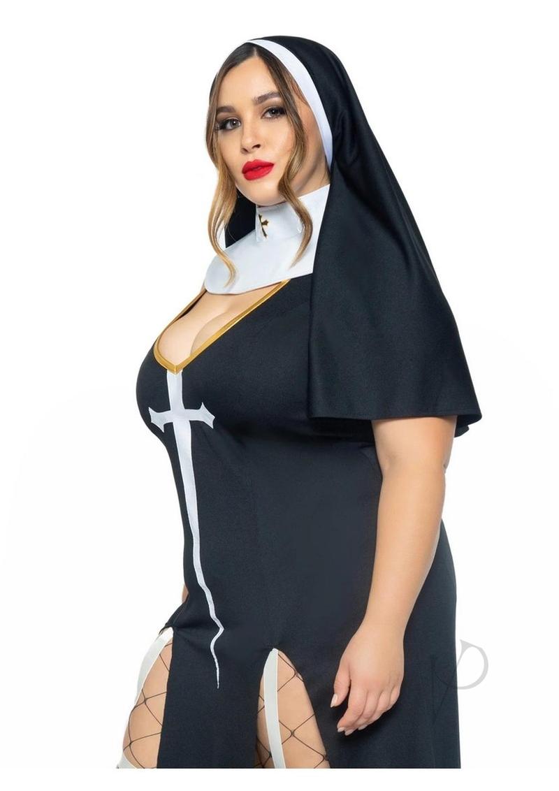 Leg Avenue Sultry Sinner Dual Slit Garter Dress with Vinyl Cross Detail, Vinyl Collar, and Nun Habit (3 Piece) - 3X/4X - Black/White