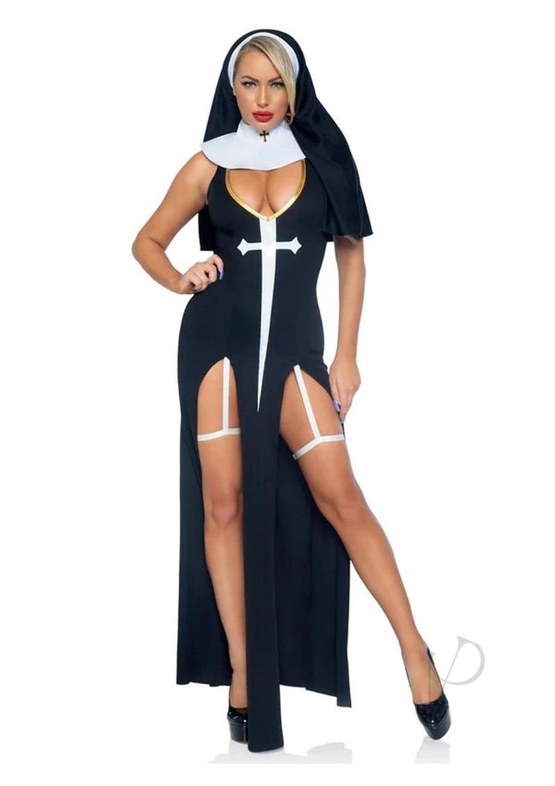 Leg Avenue Sultry Sinner Dual Slit Garter Dress with Vinyl Cross Detail, Vinyl Collar, and Nun Habit (3 Piece) - Large - Black/White