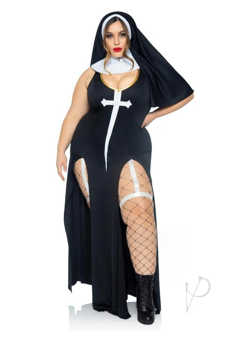 Leg Avenue Sultry Sinner Dual Slit Garter Dress with Vinyl Cross Detail, Vinyl Collar, and Nun Habit (3 Piece) - 1X/2X - Black/White