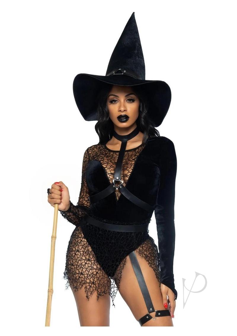 Leg Avenue Crafty Witch Snap Crotch Velvet Bodysuit with Distressed Net and Attached Garter, Choker Body Harness, and Matching Velvet Witch Hat (3 Piece) - Large - Black
