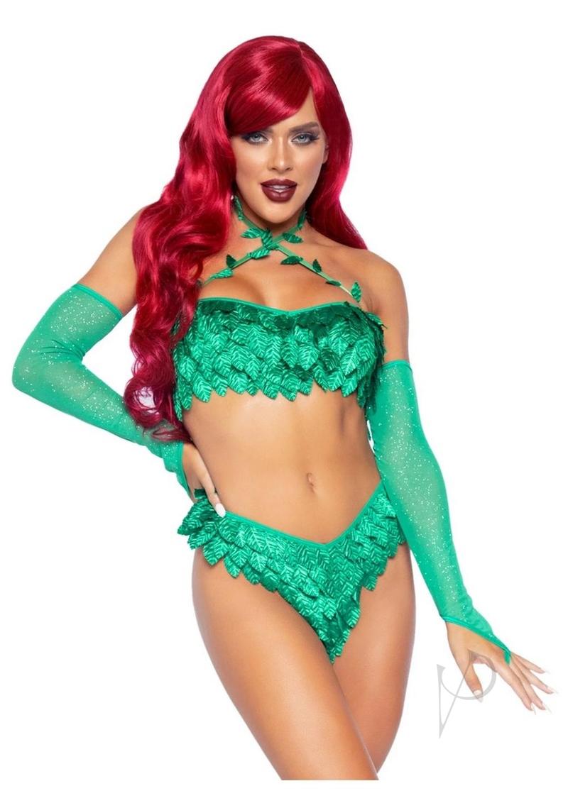 Leg Avenue Poison Temptress Leafy Halter Top with Corset Lace Up Back, Leafy Panty, and Sleeves (3 Piece) - Small - Green