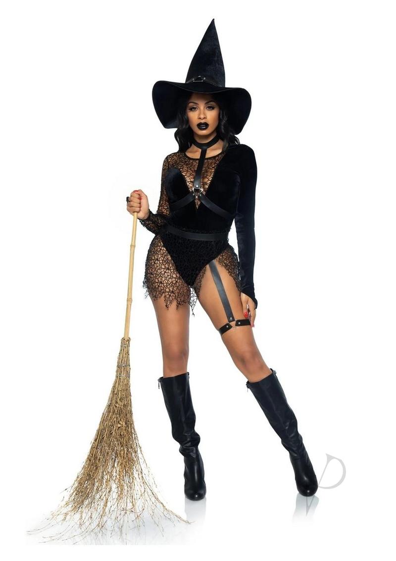Leg Avenue Crafty Witch Snap Crotch Velvet Bodysuit with Distressed Net and Attached Garter, Choker Body Harness, and Matching Velvet Witch Hat (3 Piece) - Medium - Black