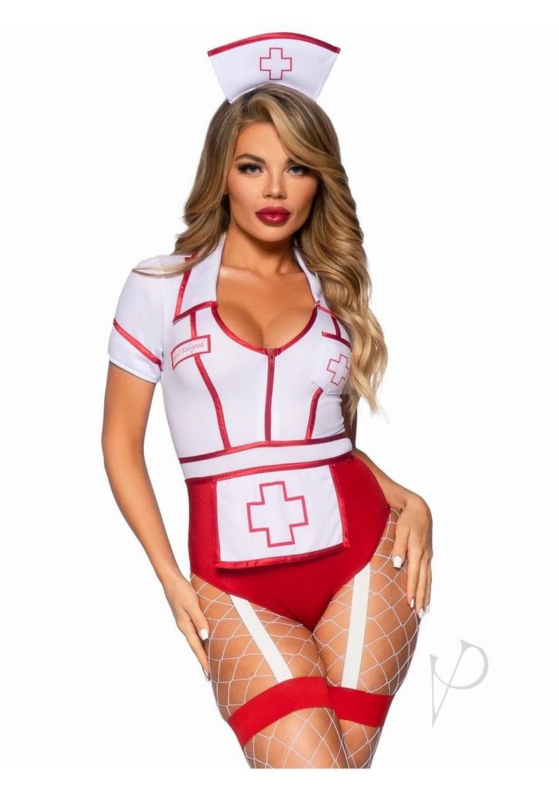 Leg Avenue Nurse Feelgood Snap Crotch Garter Bodysuit with Attached Apron and Hat Headband (2 Piece) - Small - Red/White