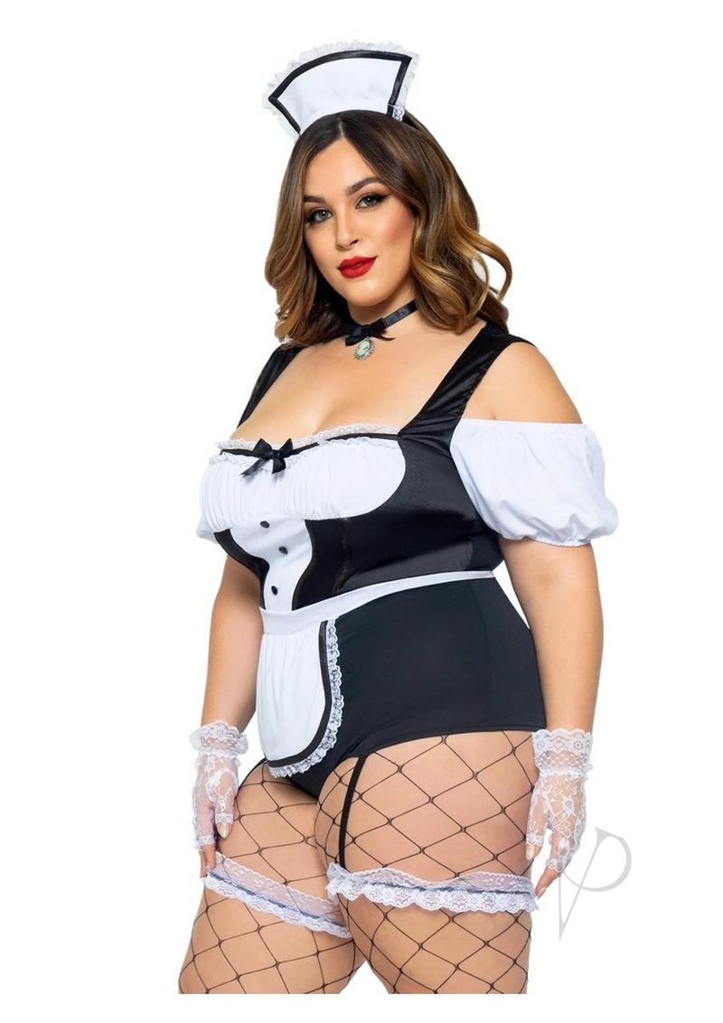 Leg Avenue Foxy Frenchie Garter Bodysuit with Attached Apron, Choker, and Hat Headband (3 Piece) - 3X/4X - Black/White