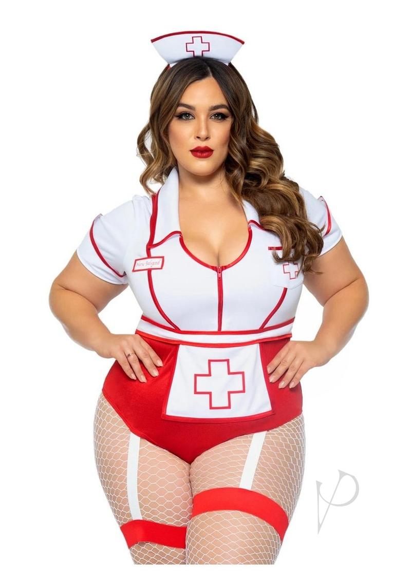 Leg Avenue Nurse Feelgood Snap Crotch Garter Bodysuit with Attached Apron and Hat Headband (2 Piece) - 3X/4X - Red/White