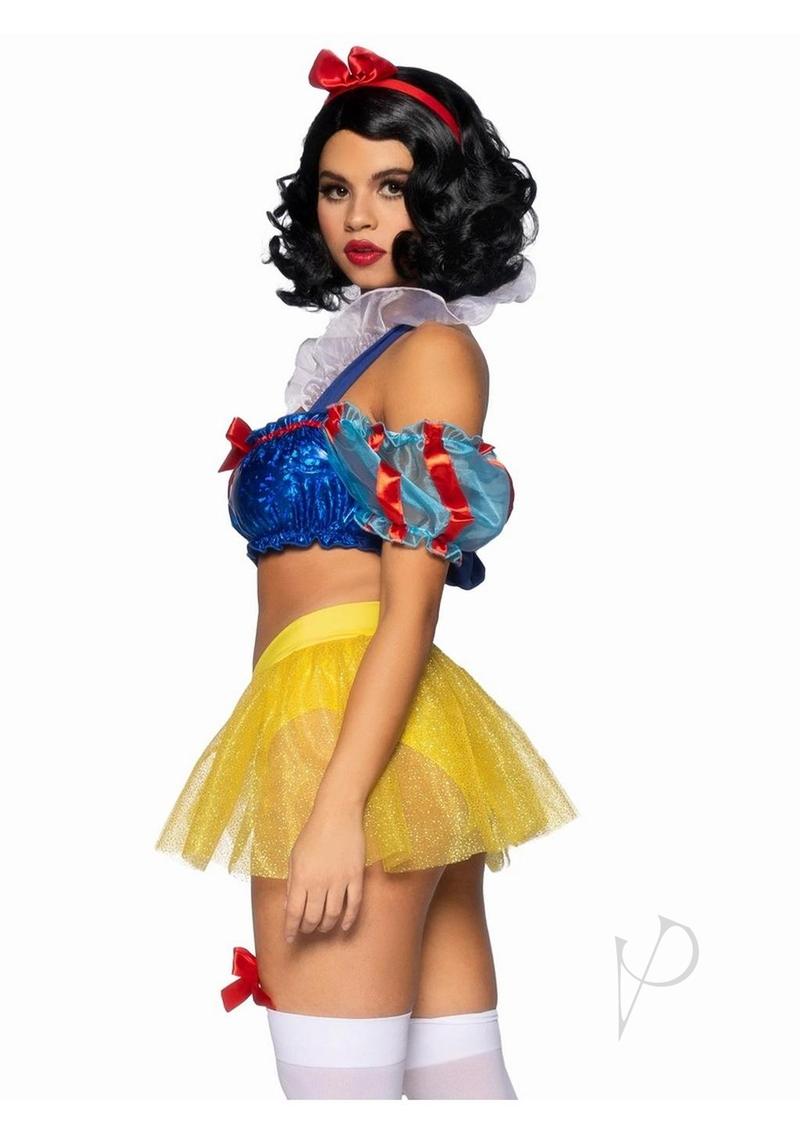 Leg Avenue Bad Apple Snow White, Shimmer Halter Bandeau with Organza Puff Sleeves and Ruffle Collar, Garter Panty with Shimmer Sheer Skirt, and Matching Bow Headband (3 Piece) - Large - Multicolor