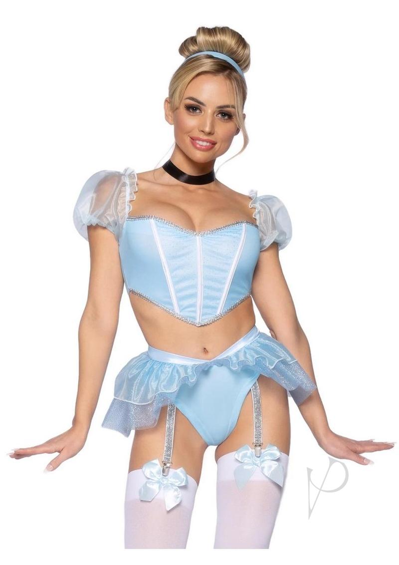 Leg Avenue Glass Slipper Cinderella Boned Sweetheart Crop Top with Organza Sleeves, Garter Panty with Shimmer Sheer Skirt, Ribbon Choker, and Matching Hair Band (4 Piece) - Medium - Blue