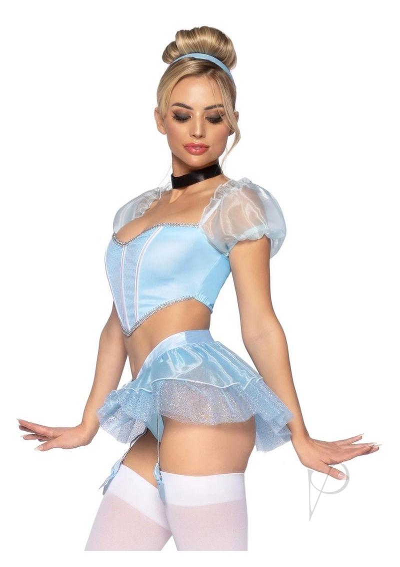 Leg Avenue Glass Slipper Cinderella Boned Sweetheart Crop Top with Organza Sleeves, Garter Panty with Shimmer Sheer Skirt, Ribbon Choker, and Matching Hair Band (4 Piece) - Medium - Blue