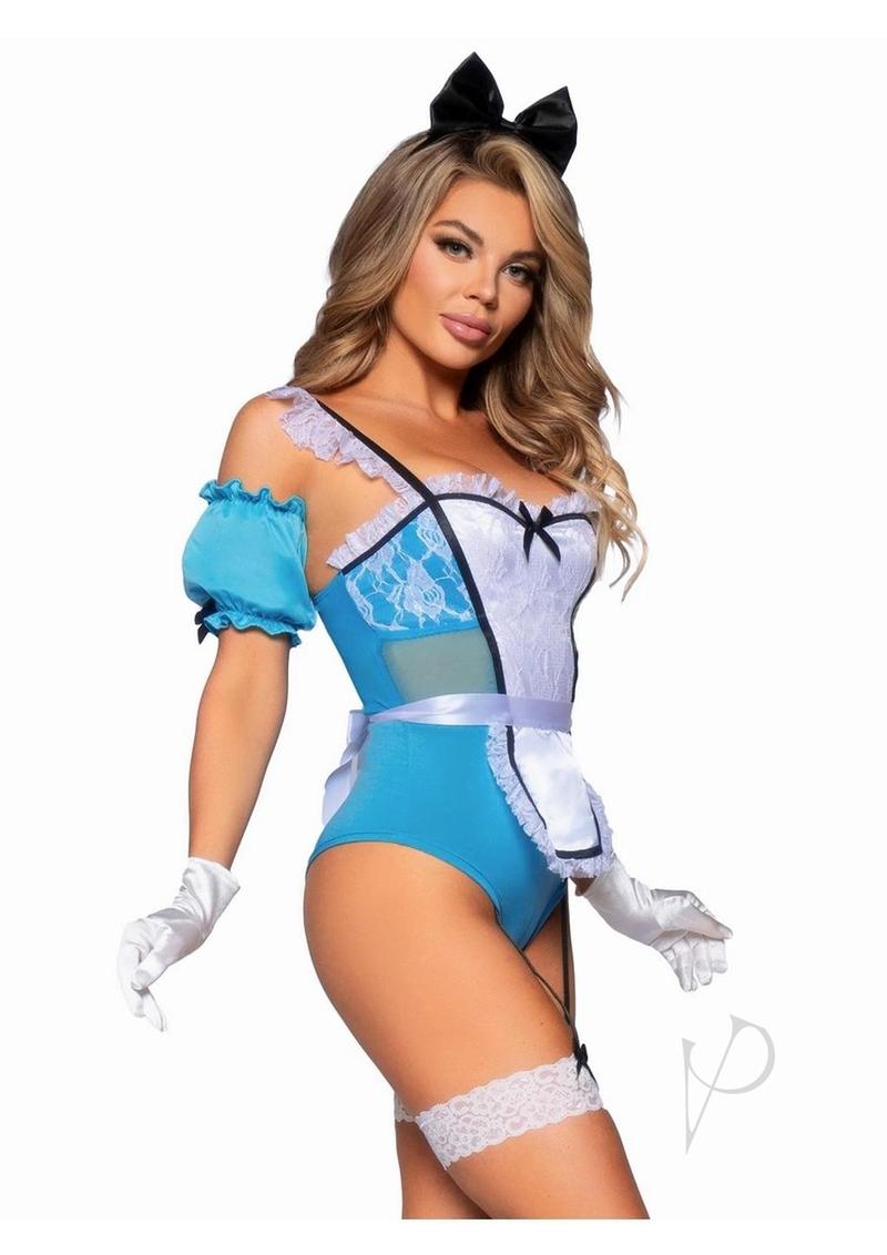 Leg Avenue Curious Miss Alice Lace Trimmed Garter Bodysuit with Sheer Panels, Puff Sleeves, Apron, and Bow Headband (4 Piece) - Medium - Blue/White