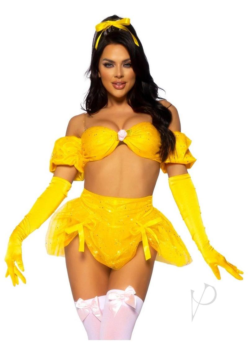 Leg Avenue Fairytale Beauty Glitter Shimmer Bra Top with Gathered Rosette Center and Puff Sleeves, High Waist Panty with Ribbon Pick-Up Skirt, Removable Clear Straps, and Matching Hair Ribbon (4 Piece) - Small - Yellow