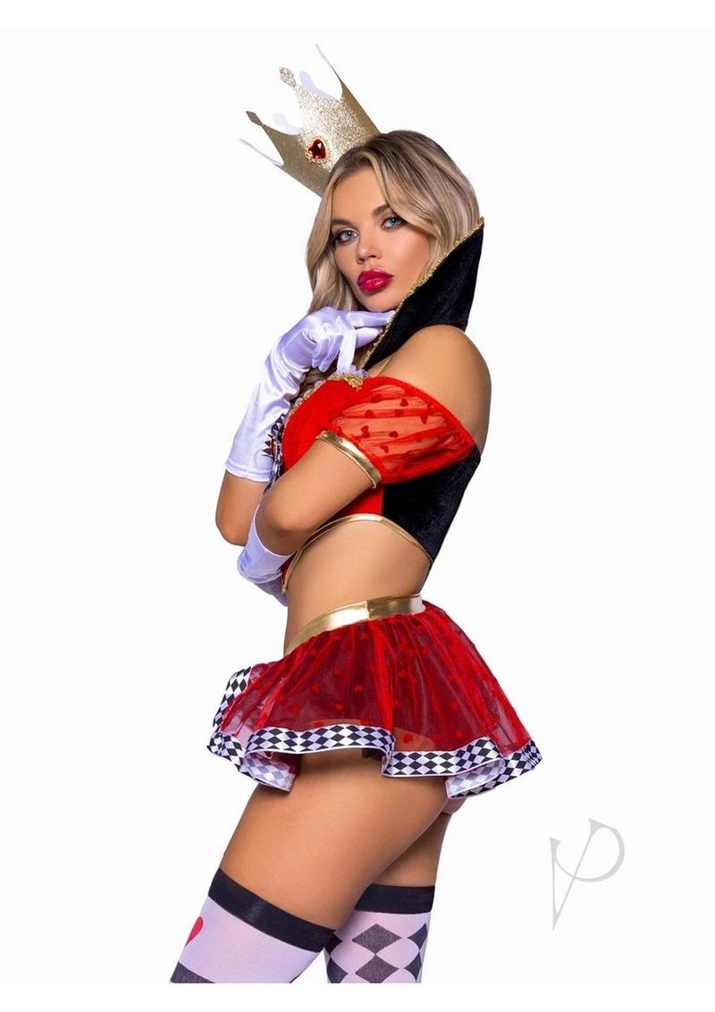Leg Avenue Wicked Wonderland Queen Tow-Tone Boned Crop Top With Stay Up Collar and Broach Accent, Garter Panty with Peplum Skirt, and Crown Headband (3 Piece) - Small - Black/Red