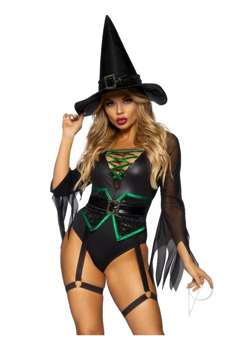 Leg Avenue Broomstick Babe Bodysuit with Lace Up Deep-V and Waist Cincher Buckle Accent, Attached Garters, and Witch Hat (2 Piece) - Medium - Black