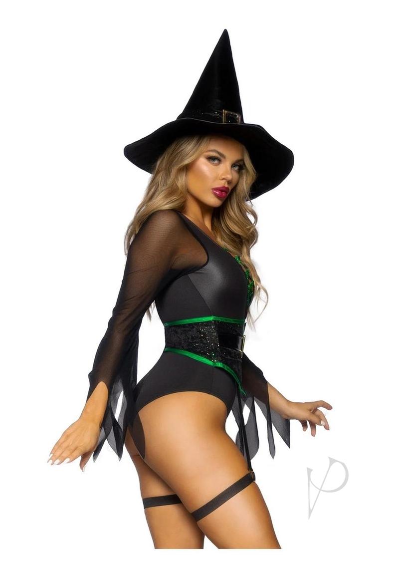 Leg Avenue Broomstick Babe Bodysuit with Lace Up Deep-V and Waist Cincher Buckle Accent, Attached Garters, and Witch Hat (2 Piece) - Medium - Black