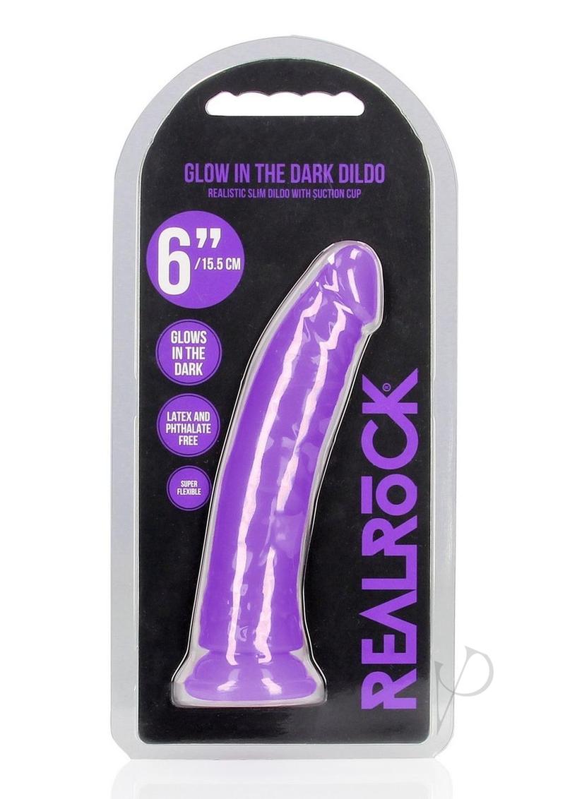 RealRock Slim Glow in the Dark Dildo with Suction Cup 6in - Purple