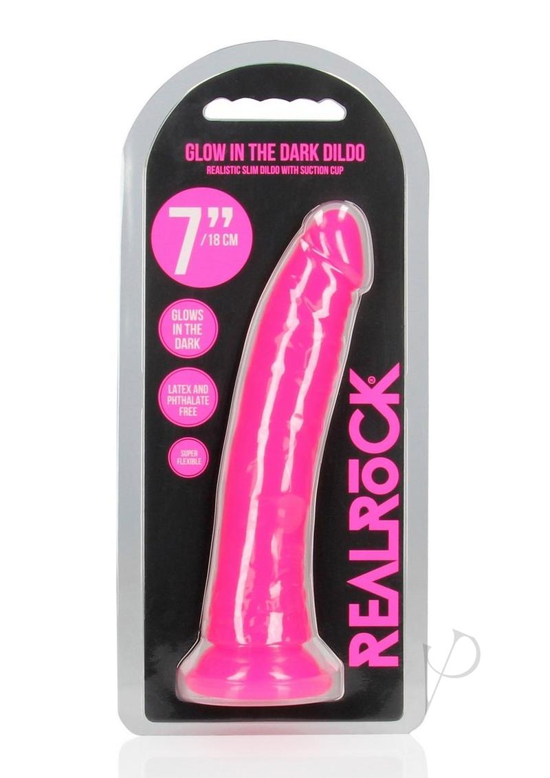RealRock Slim Glow in the Dark Dildo with Suction Cup 7in - Pink