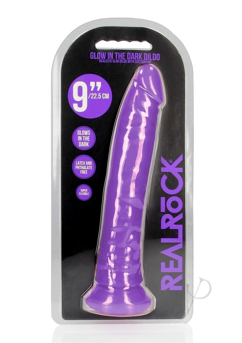 RealRock Slim Glow in the Dark Dildo with Suction Cup 9in - Purple