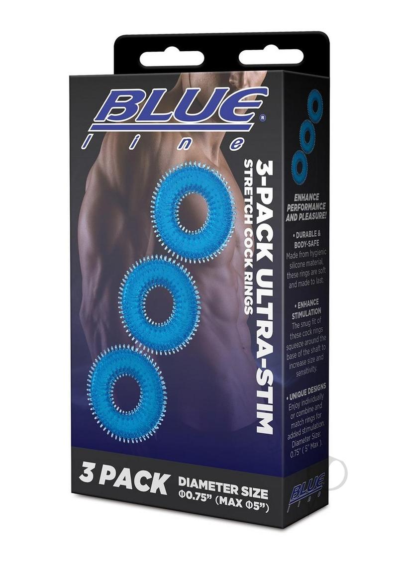 Blue Line Ultra-Slim Stretch Cock Rings (3 Pack) - Blue