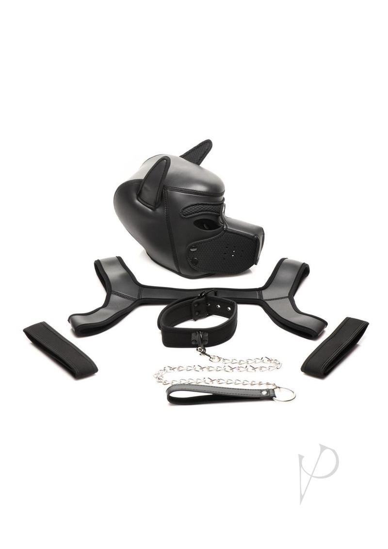 Master Series Full Pup Arsenal Set Neoprene Puppy Hood, Chest Harness, Collar with Leash and Arm Bands - Black