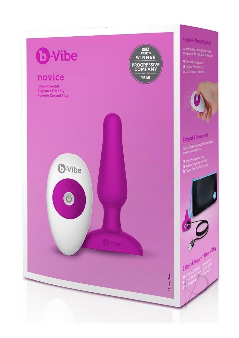 B-Vibe Novice Plug Rechargeable Silicone Anal Plug with Remote Control - Fuchsia