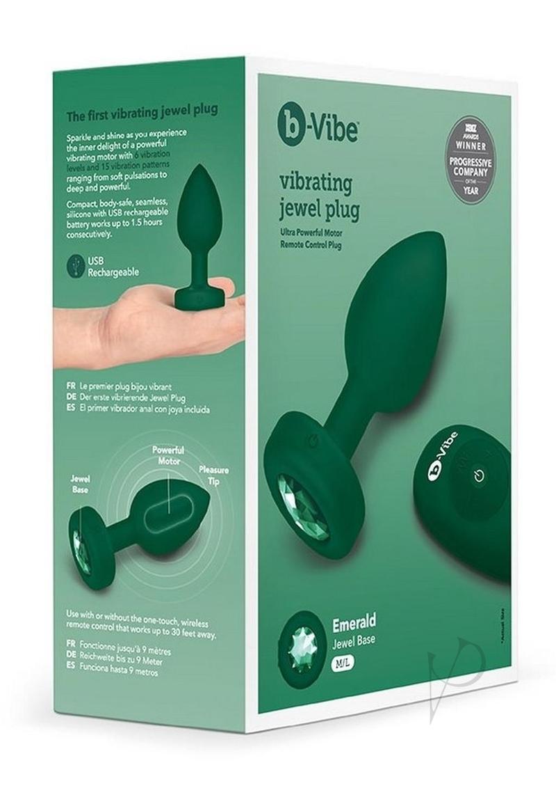 B-Vibe Vibrating Jewel Plug Rechargeable Silicone Anal Plug with Remote - Medium/Large - Emerald Green